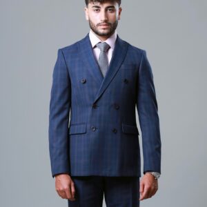 Costume 2 Pièces Slim Croisé Col Pointe Carreaux – Bleu Marine