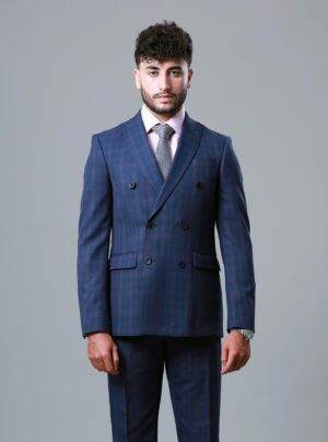 Costume 2 Pièces Slim Croisé Col Pointe Carreaux – Bleu Marine
