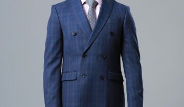 Costume 2 Pièces Slim Croisé Col Pointe Carreaux – Bleu Marine