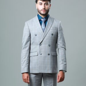 Costume 2 Pièces Slim Croisé Col Pointe Carreaux – Gris