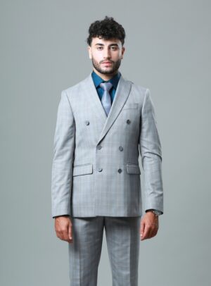 Costume 2 Pièces Slim Croisé Col Pointe Carreaux – Gris