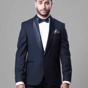 Costume 2 Pièces Smoking Col Châle Ajustée Uni – Bleu Marine