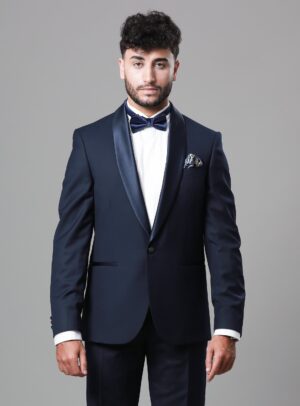 Costume 2 Pièces Smoking Col Châle Ajustée Uni – Bleu Marine