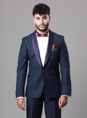 Costume 2 Pièces Smoking Col Châle Ajustée Uni – Bleu Pétrol
