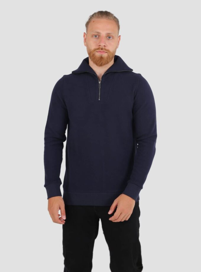 Sweatshirt Col Montant Zippé Uni - Bleu Marine