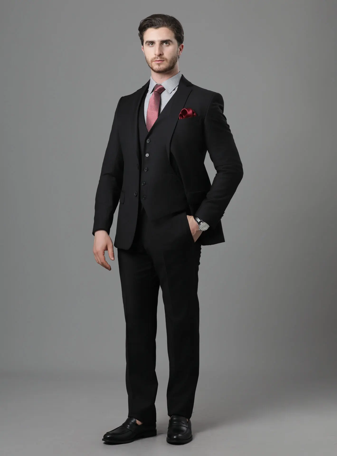 Costume 3 pièces Ajusté Uni Doux - Noir – Image 2