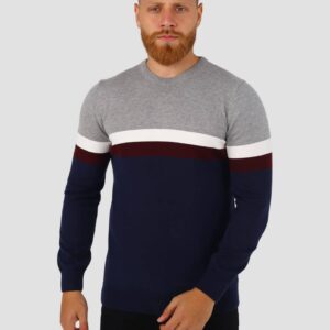 Pull Col Rond Rayé - Gris/Bleu