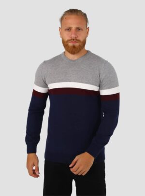Pull Col Rond Rayé - Gris/Bleu