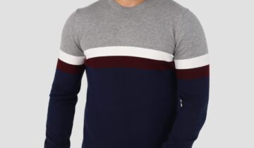 Pull Col Rond Rayé – Gris/Bleu