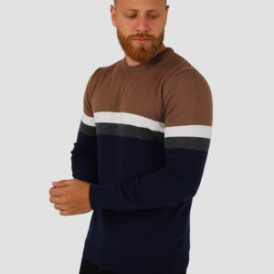 Pull Tricot Col Rond Rayé - Camel/Bleu Marine