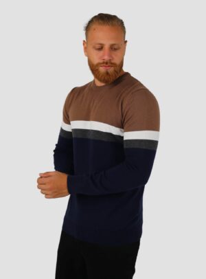 Pull Tricot Col Rond Rayé - Camel/Bleu Marine