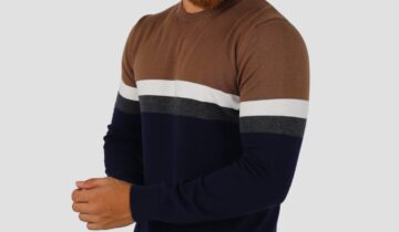 Pull Tricot Col Rond Rayé – Camel/Bleu Marine