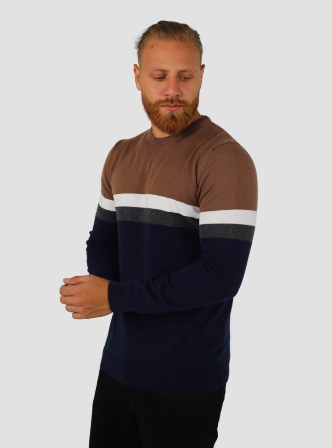 Pull Tricot Col Rond Rayé - Camel/Bleu Marine