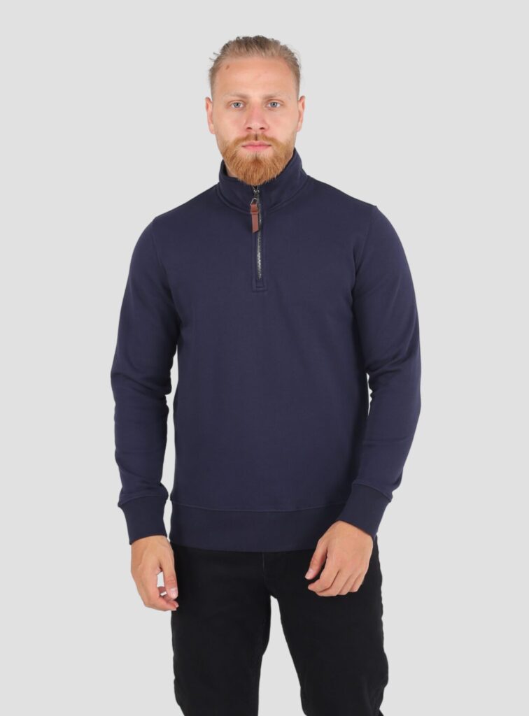 Sweatshirt Col Montant Demi Zippé Uni - Bleu Marine