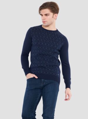 Pull Col Rond Fantaisie - Bleu Marine