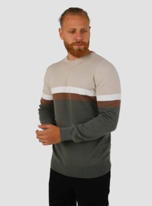 Pull Col Rond Rayé - Beige/Khaki