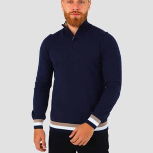 pull Col Cheminée Bord-Côte Tricolore - Bleu Marine