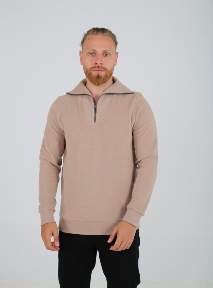 Sweatshirt Col Montant Zippé Uni - Beige