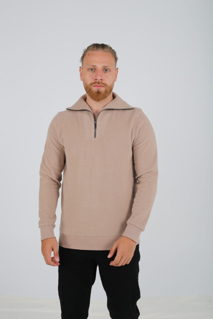 Sweatshirt Col Montant Zippé Uni - Beige