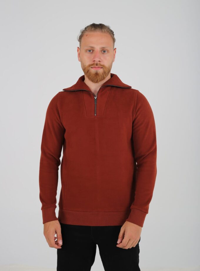 Sweatshirt Col Montant Zippé Uni - Brique