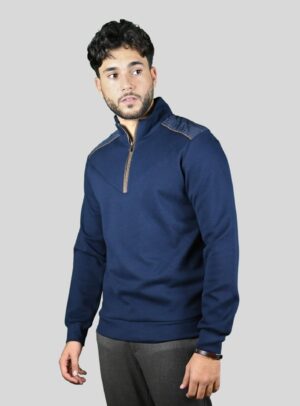 Sweatshirt Col Montant Demi Zippé Piqué - Bleu Marine