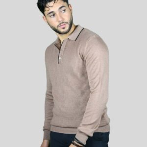 Pull Col Polo En Biais Boutonné Fantaisie - Beige