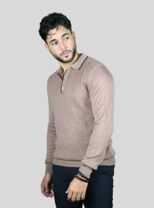 Pull Col Polo En Biais Boutonné Fantaisie - Beige