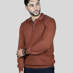 Pull Col Polo En Biais Boutonné Fantaisie - Brique