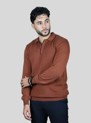Pull Col Polo En Biais Boutonné Fantaisie - Brique