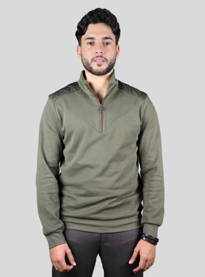 Sweatshirt Col Montant Demi Zippé Piqué - Khaki