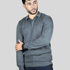 Pull Col Polo En Biais Boutonné Fantaisie - Gris