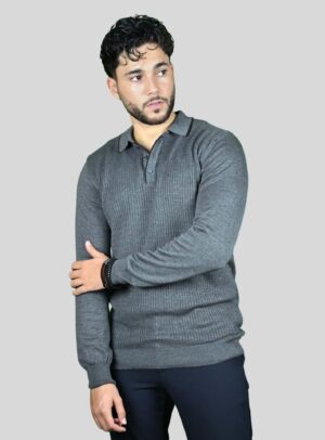 Pull Col Polo En Biais Boutonné Fantaisie - Gris