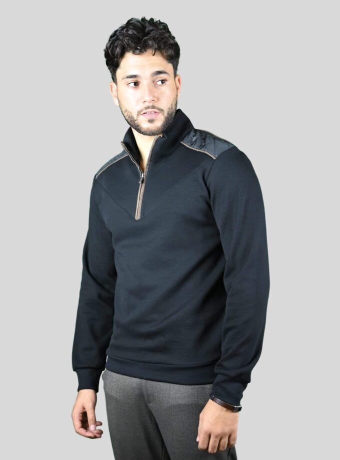 Sweatshirt Col Montant Demi Zippé Piqué - Noir