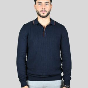 Pull Col Polo En Biais Boutonné Fantaisie - Bleu Marine
