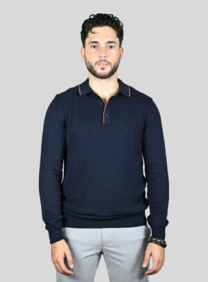 Pull Col Polo En Biais Boutonné Fantaisie - Bleu Marine