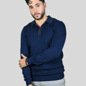 Pull Col Polo En Biais Boutonné Fantaisie - Marine