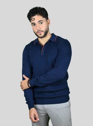 Pull Col Polo En Biais Boutonné Fantaisie - Marine