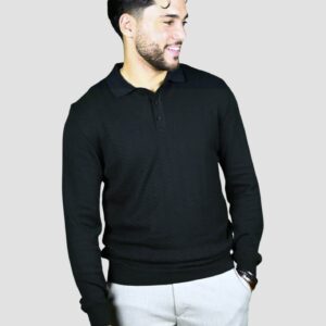 Pull Col Polo Boutonné Fantaisie - Noir