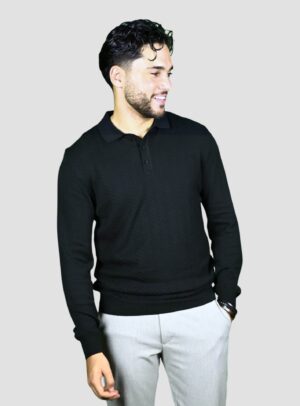 Pull Col Polo Boutonné Fantaisie - Noir