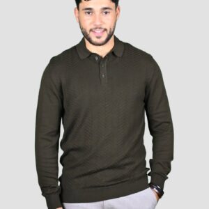 Pull Col Polo Boutonné Fantaisie - Khaki