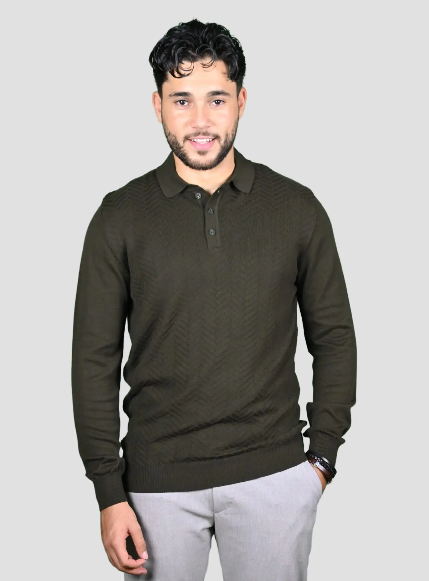 Pull Col Polo Boutonné Fantaisie - Khaki