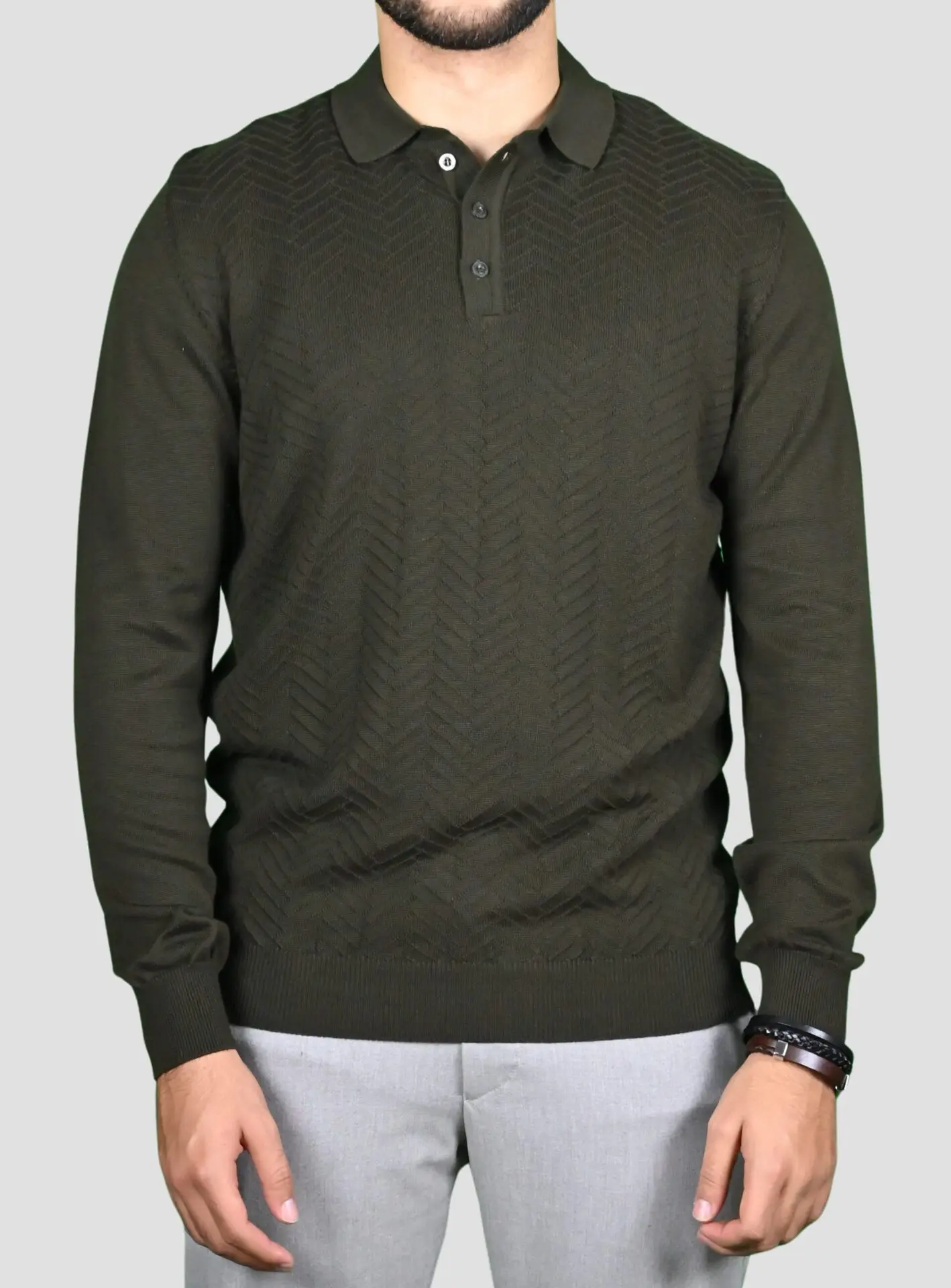 Pull Col Polo Boutonné Fantaisie - Khaki – Image 2