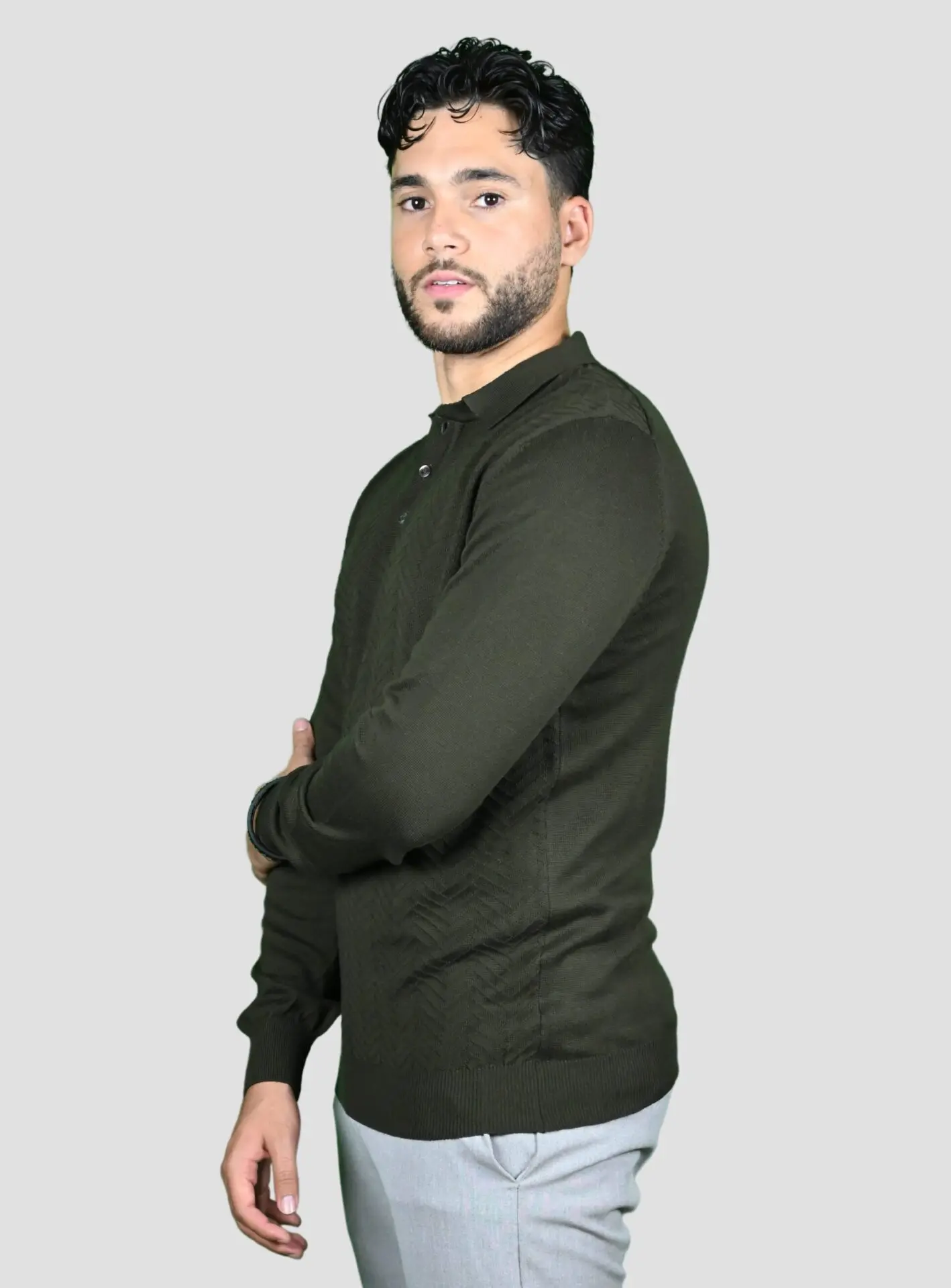 Pull Col Polo Boutonné Fantaisie - Khaki – Image 3