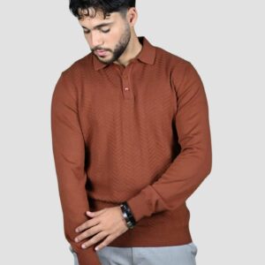 Pull Col Polo Boutonné Fantaisie - Brique