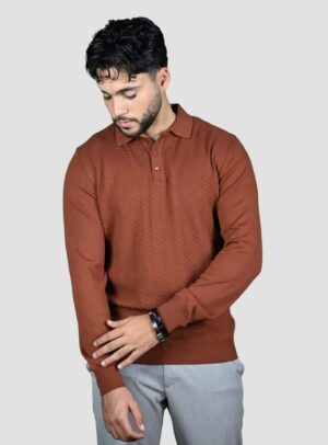 Pull Col Polo Boutonné Fantaisie - Brique