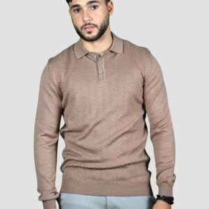 Pull Col Polo Boutonné Fantaisie - Beige
