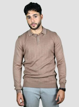 Pull Col Polo Boutonné Fantaisie - Beige