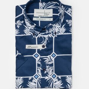 Chemise Manches Courtes À Motif Tropical - Bleu Marine