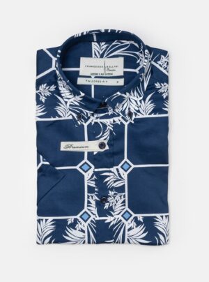 Chemise Manches Courtes À Motif Tropical - Bleu Marine