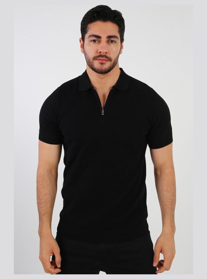 Polo Décontracté À Col Zippé En Maille - Noir